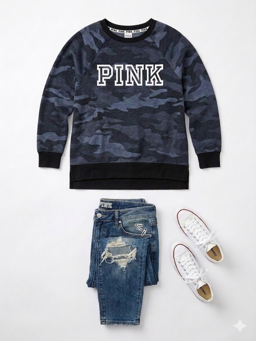 PINK Victoria's Secret Navy & Black Camo Crewneck Sweatshirt